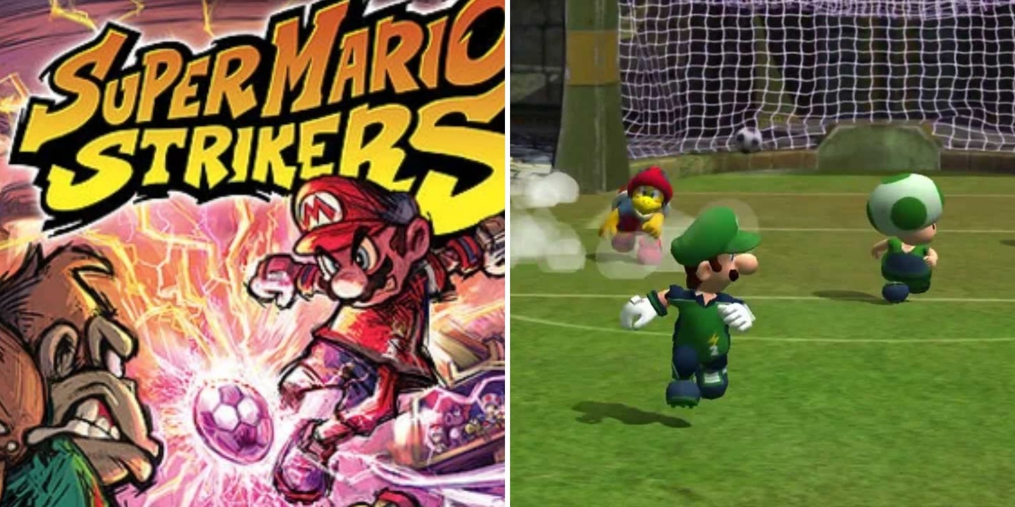 Super Mario Strikers Cover Image and Gameplay with Luigi and Toad