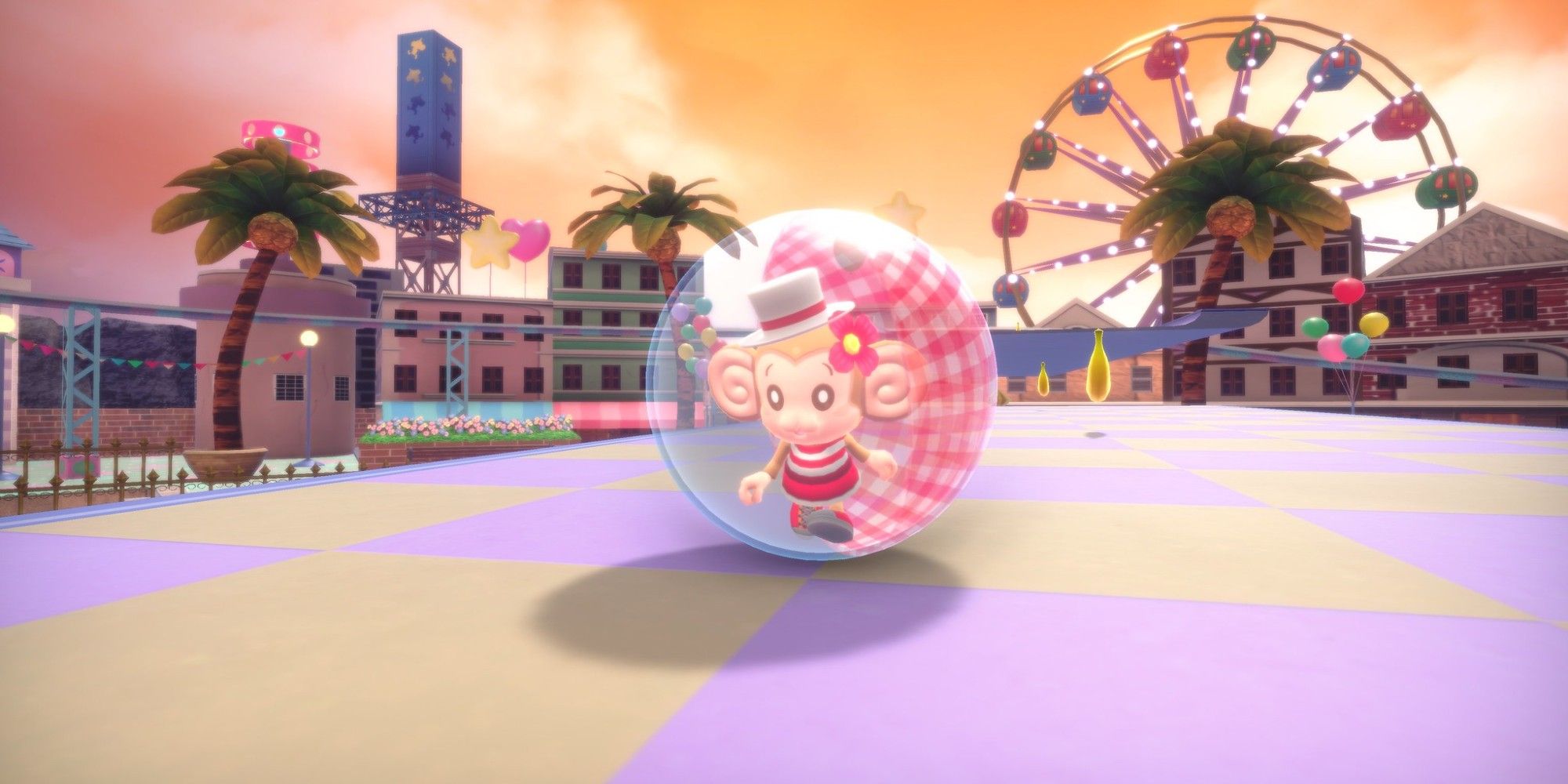 Super Monkey Ball's MeeMee in front of a carousel and palm trees