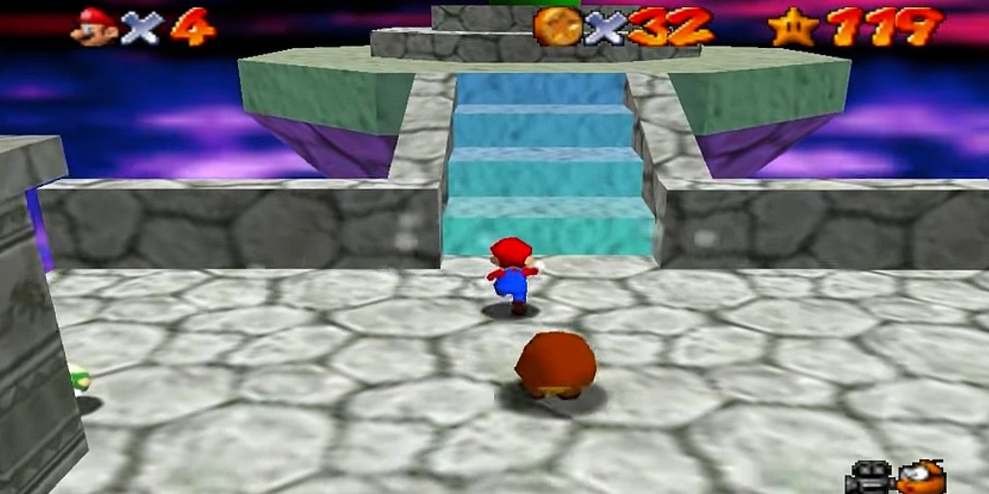 Super Mario 64 Bowser in the Sky Mario running to stairs leading to boss Goomba