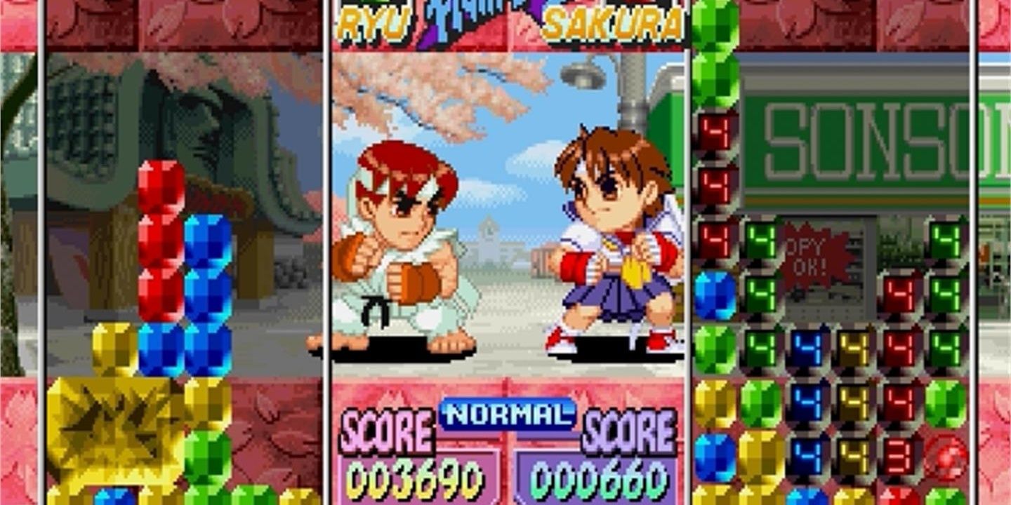 A screenshot from Super Puzzle Fighter 2 Turbo, showing Ryu battling Sakura