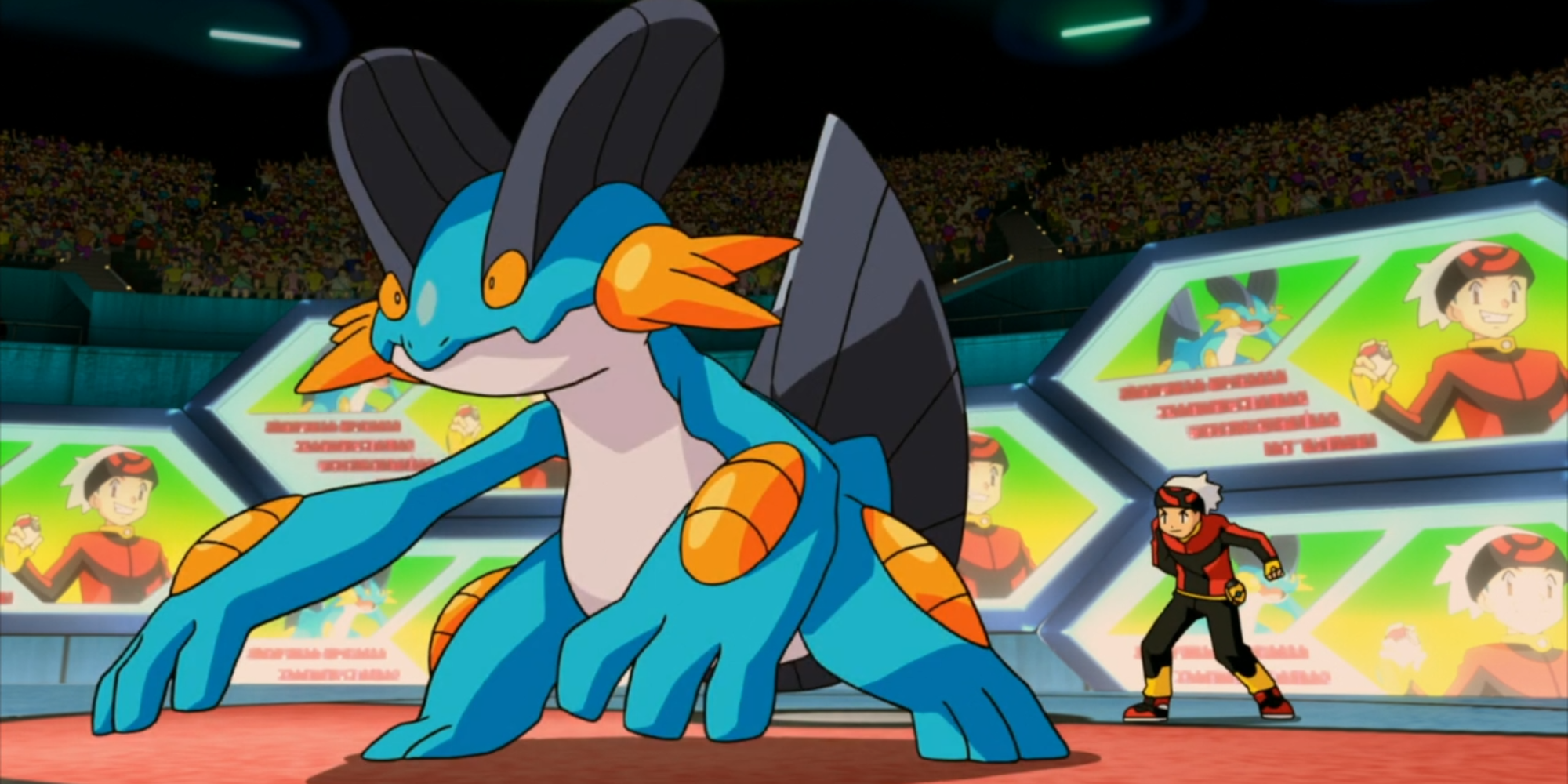 Swampert and Brandon in stadium from Anime