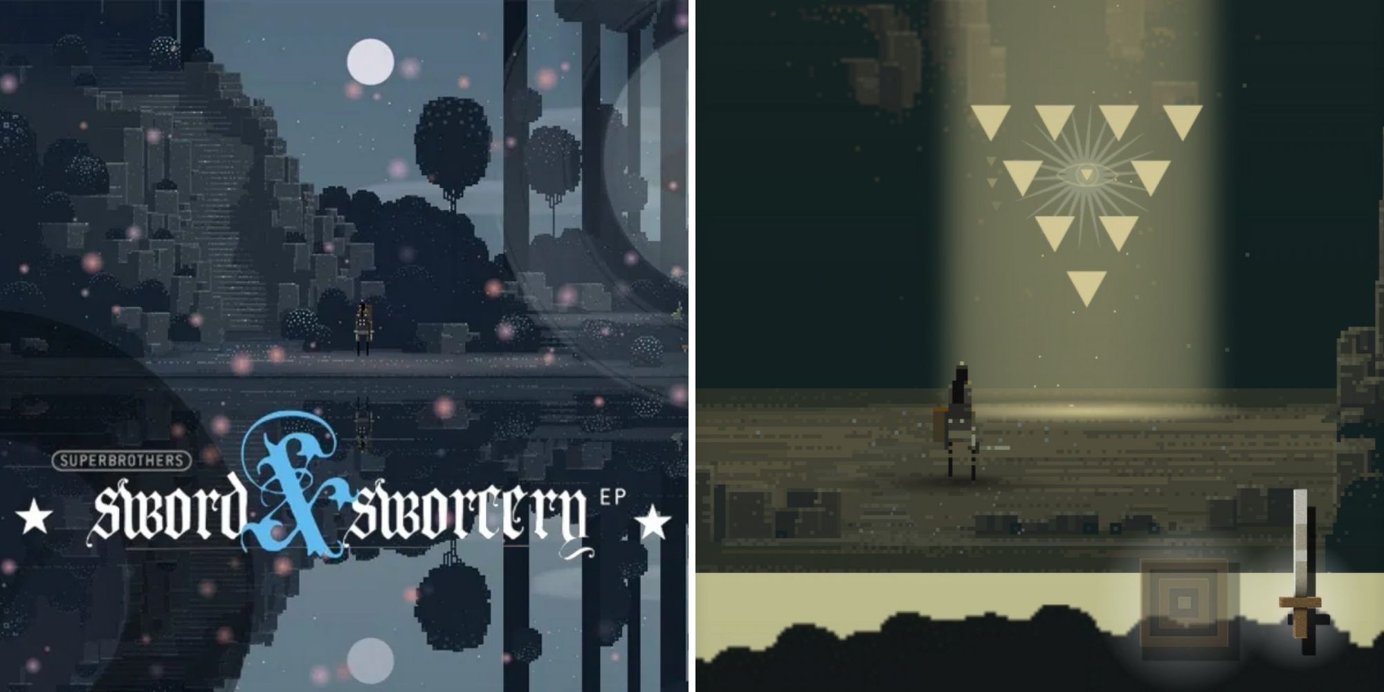 Swords & Sworcery Image and Gameplay showing a pixelated temple and sword with a man staring at a triangle like apparition