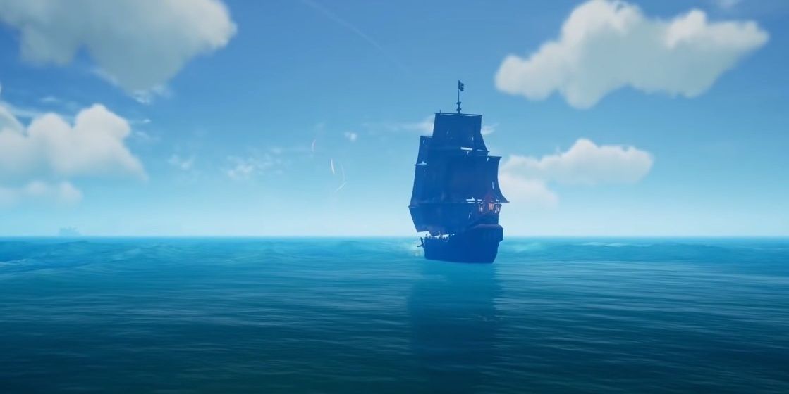The Black Pearl sailing towards the horizon in Sea of Thieves: A Pirate's Life