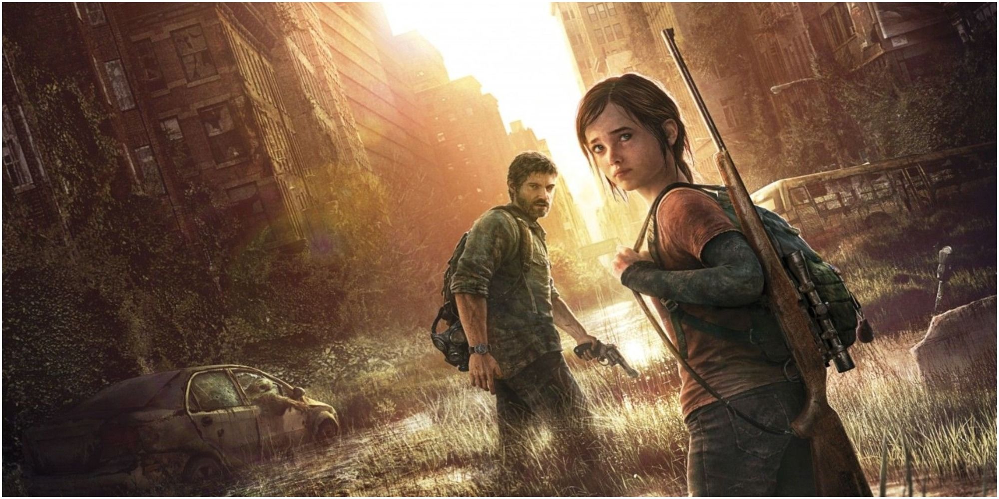 The Last Of Us Promotional Artwork Ellie And Joel walking through ruined city