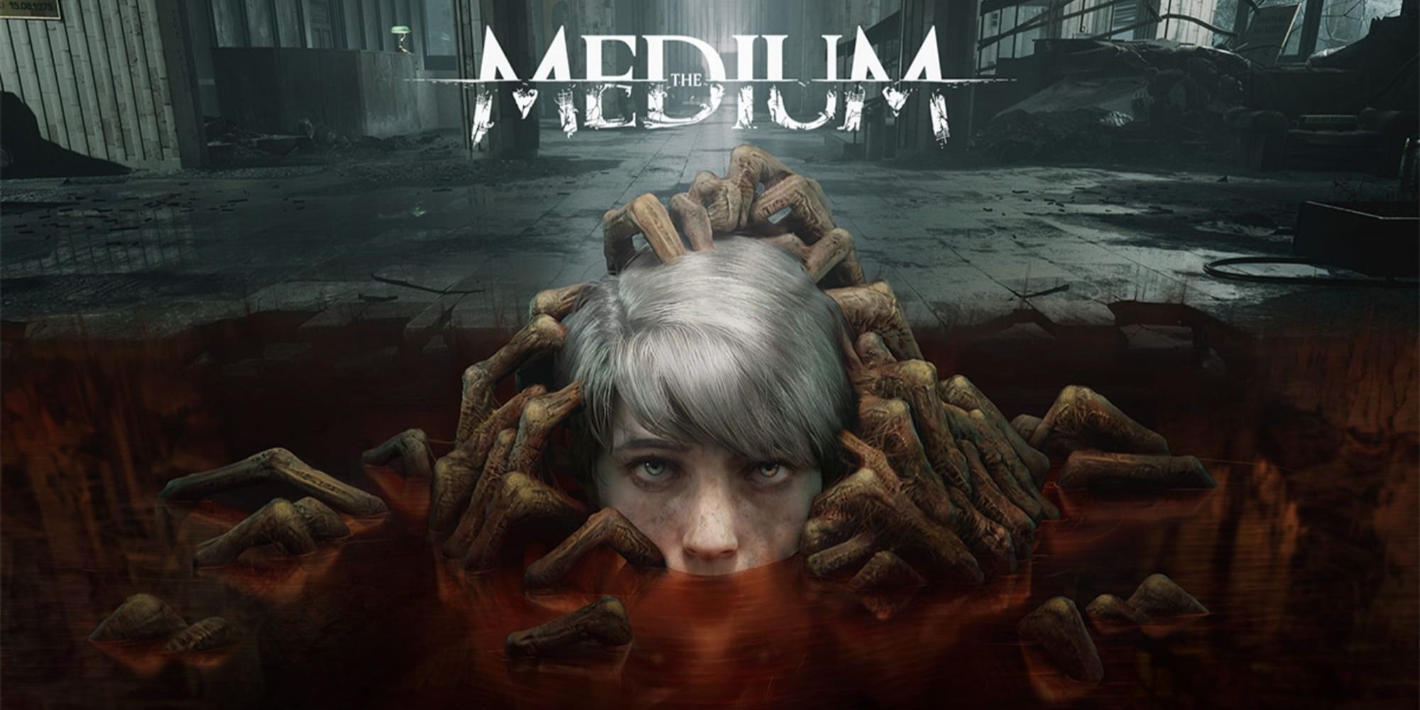 The Medium poster. Main character covered by hands with her head peaking out of red water