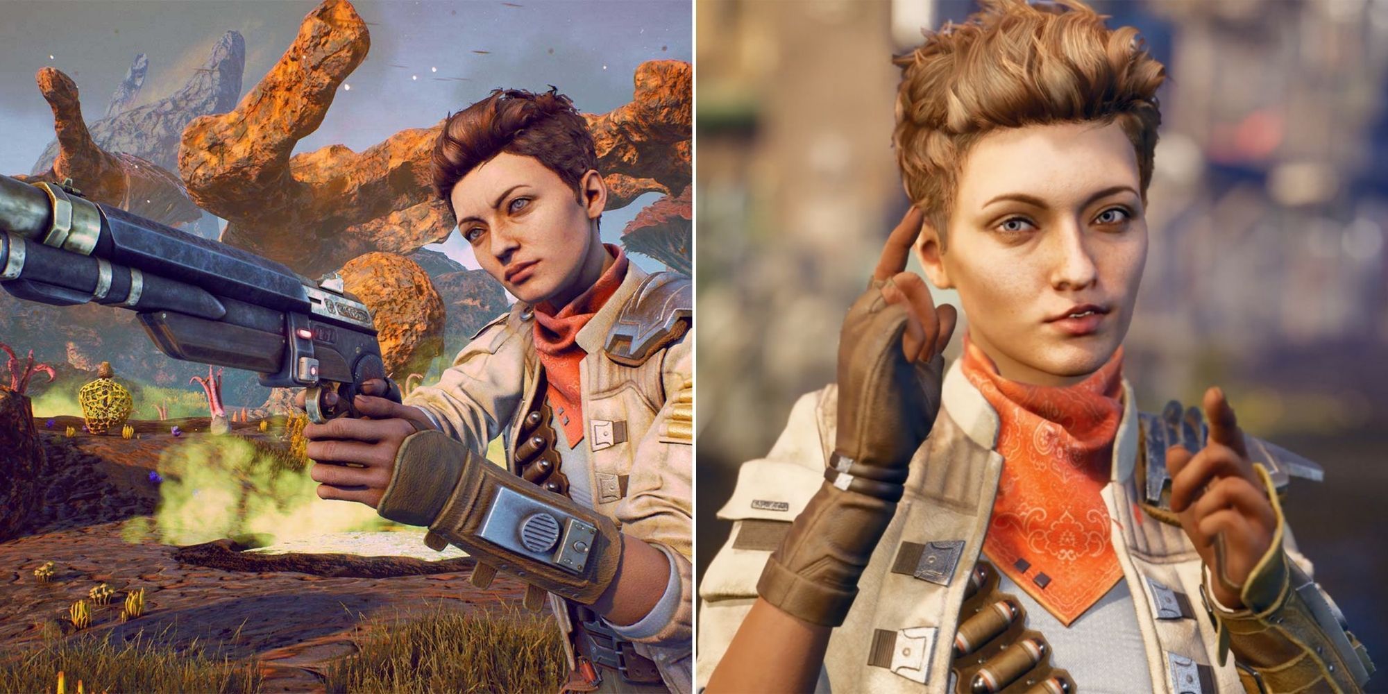 The Outer Worlds - Ellie shooting a pistol - Ellie close up