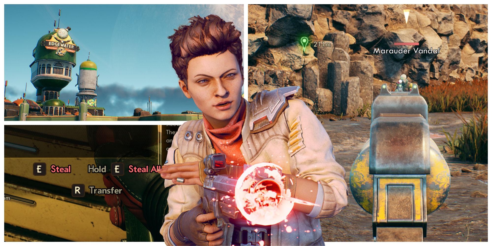 A collage of characters, actions, scenes and guns in The Outer Worlds