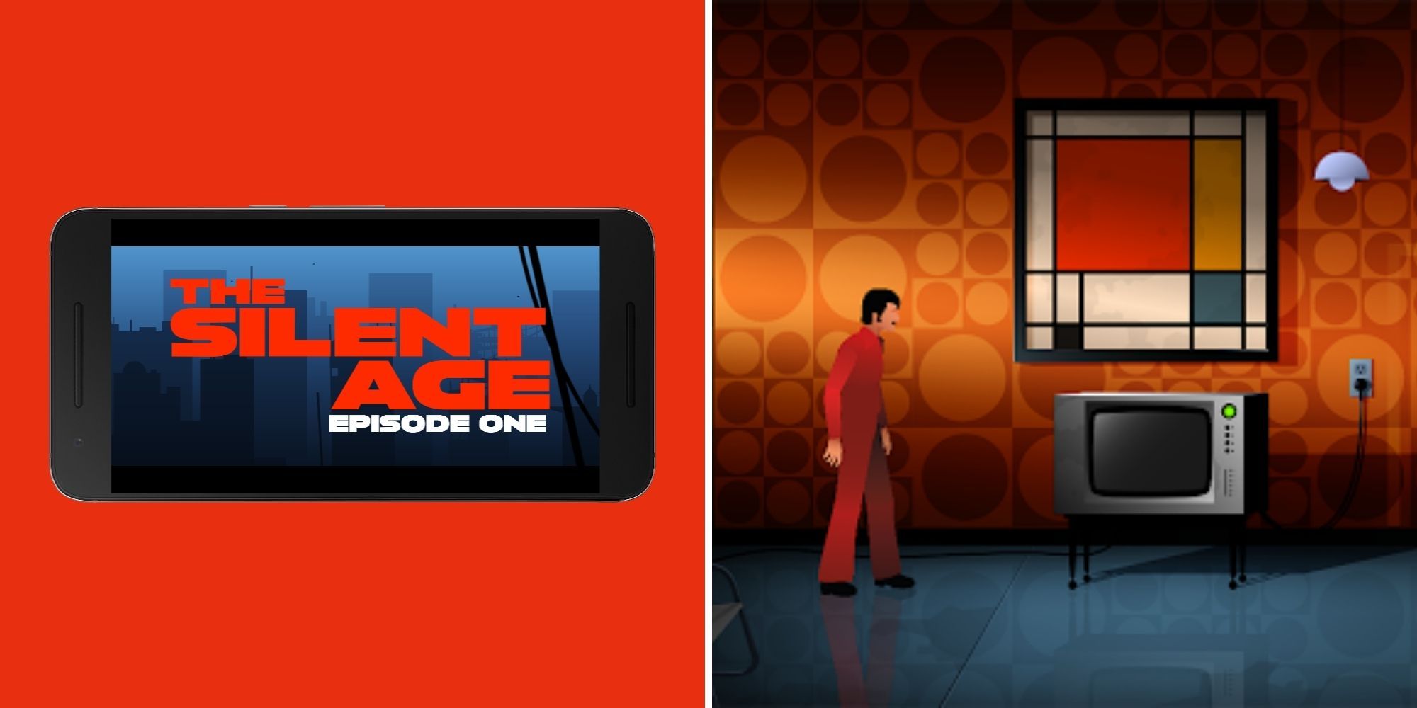 The Silent Age Episode One promo image on a mobile and Joe in the 70's