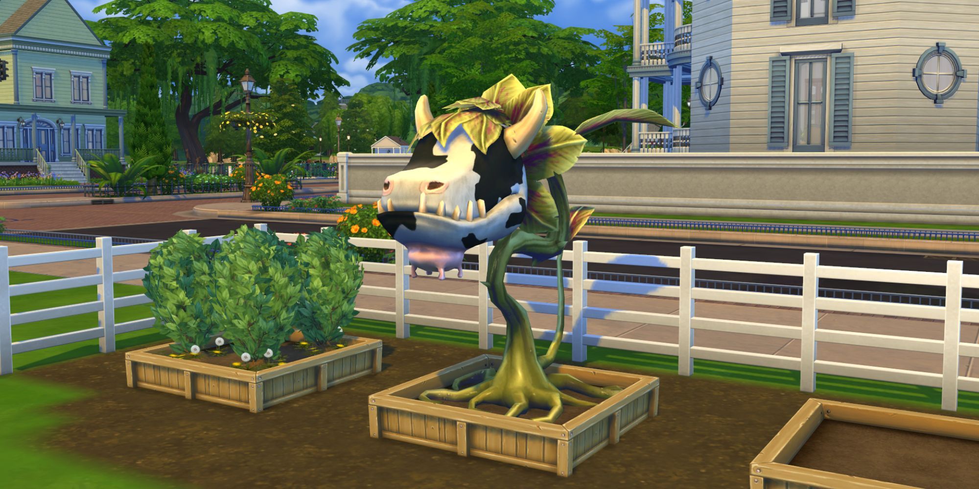 The Sims 4 Cow Plant growing in a back garden