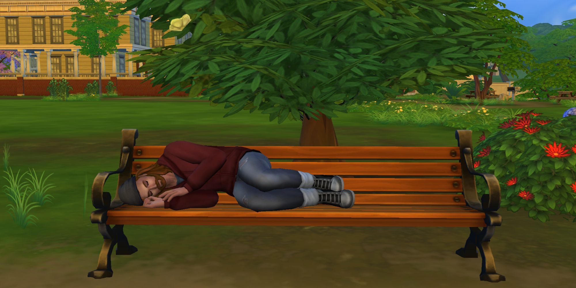 The Sims 4 Homeless Sim Sleeping On The Bench