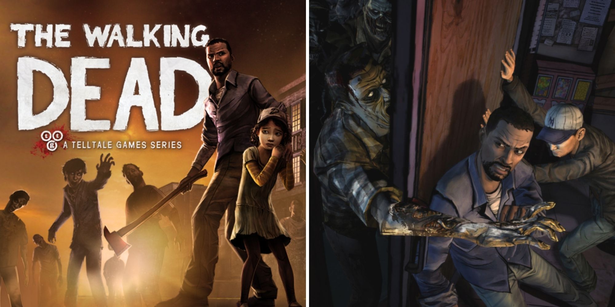 The Walking Dead Season One Mobile Poster Image With Lee, Clementine and Zombies in the distance and Lee and Greg Holding back a door from Zombies