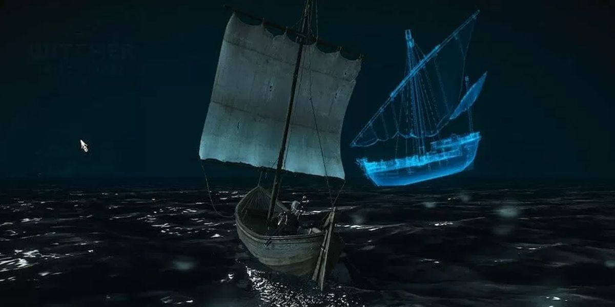 The Witcher 3 Ghost Ship sailing at night