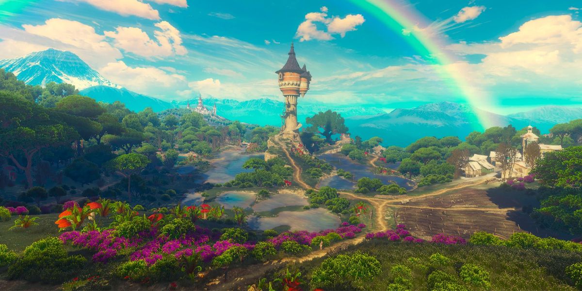 The Witcher 3 Land of A Thousand Fables a tower in the distance with a rainbow