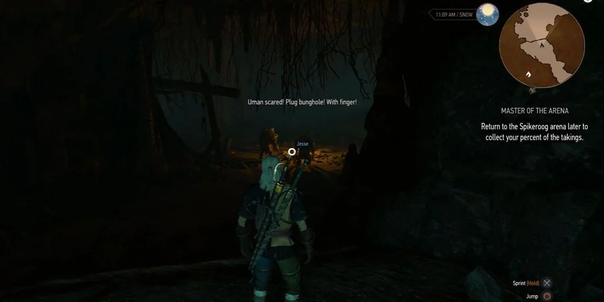 The Witcher 3 geralt listening in on two strange creatures in a cave