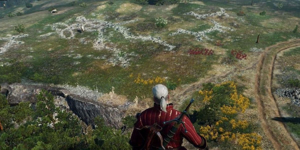 The Witcher 3 geralt looking towards human-shape rock formations
