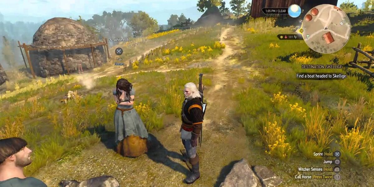 The Witcher 3 geralt standing in a village speaking to a citizen