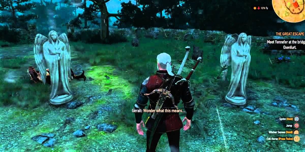 The Witcher 3 geralt standing near angel statues