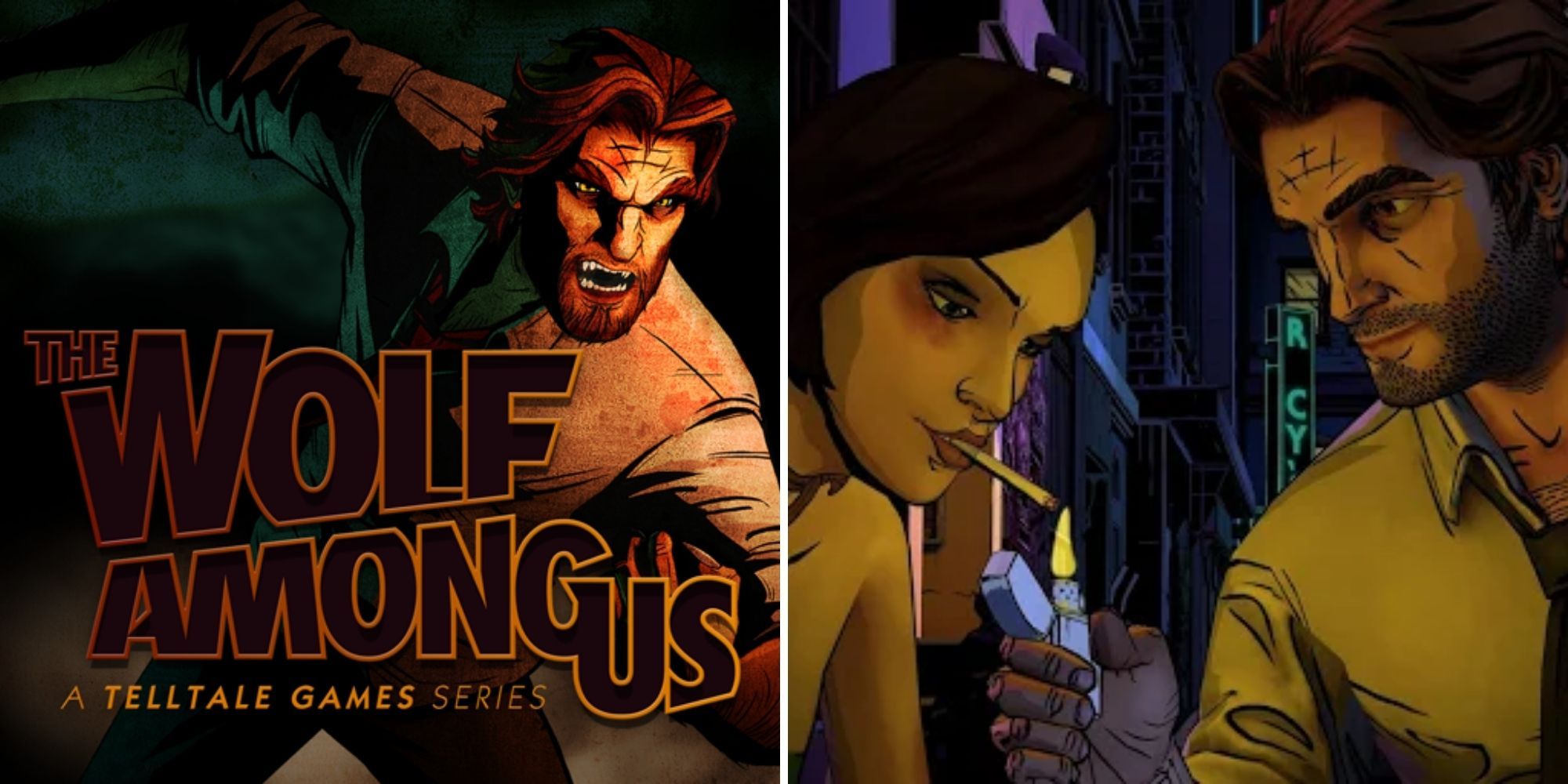 The Wolf Among Us Mobile Image of Bigby transforming and Bigby smoking a cigarette with Crane
