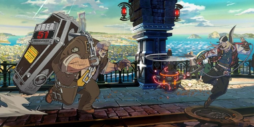 Goldlewis Dickinson running behind his Thunderbird drone to get closer to Axl Low in Guilty Gear Strive
