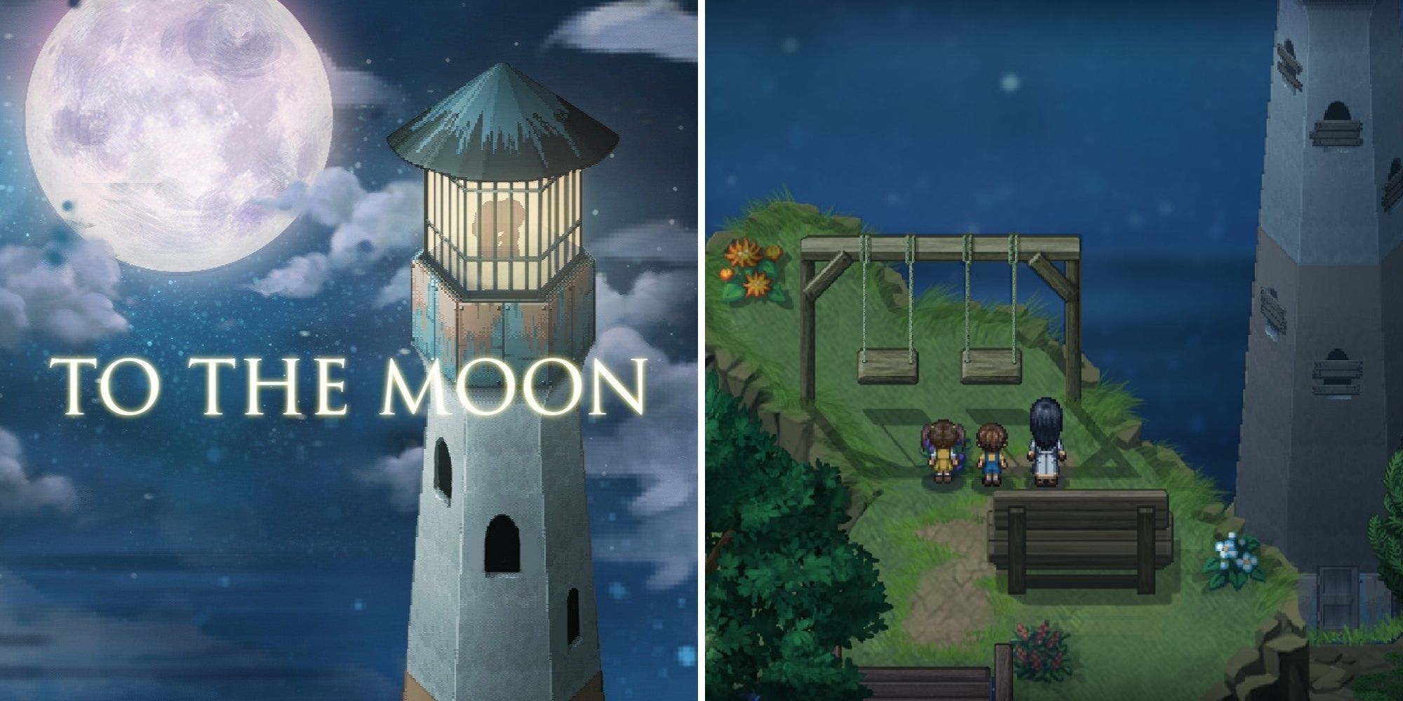 To The Moon Official Artwork and the kids at the lighthouse on a swing set