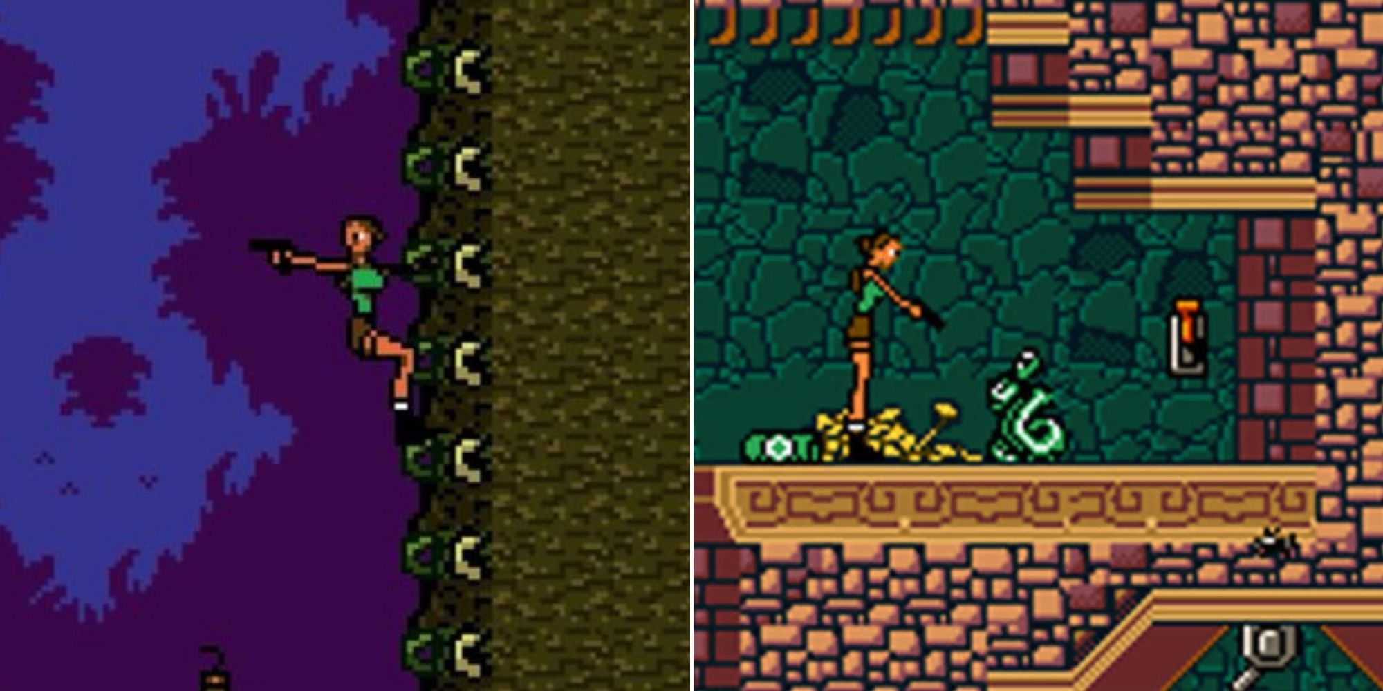 Lara climbing a cliff And Then exploring a tomb full of snakes in the Game Boy Color version of Tomb Raider (2000)