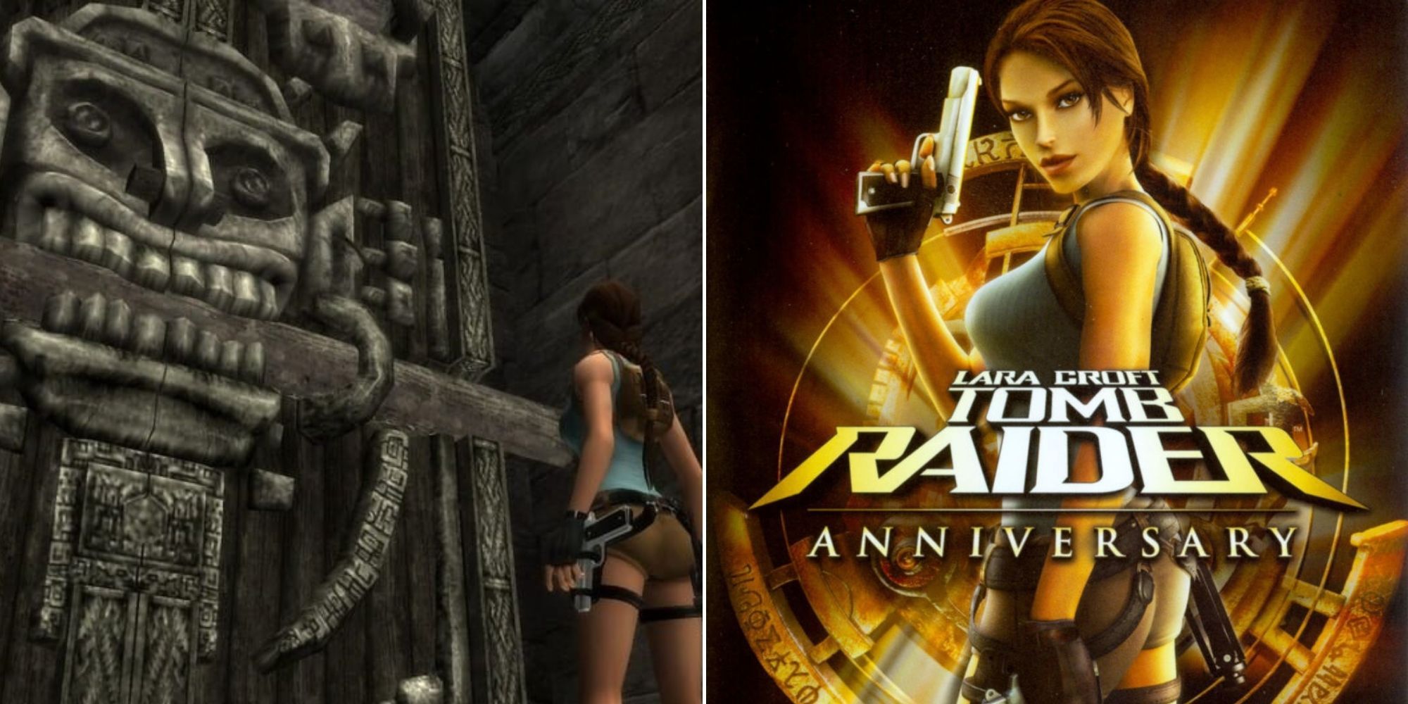 Lara Croft outside a large ancient door and The Cover Art For Tomb Raider: Anniversary