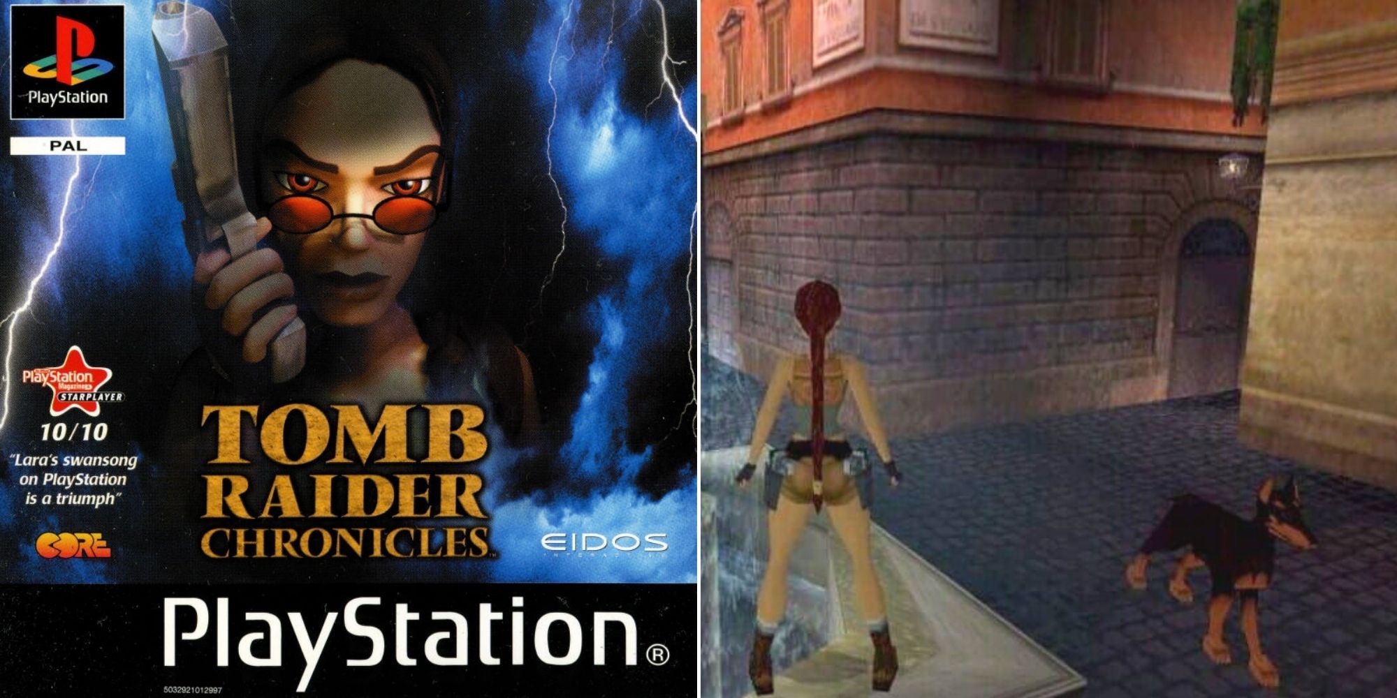 Tomb Raider: Chronicles: Cover art and Lara Croft standing near a dog
