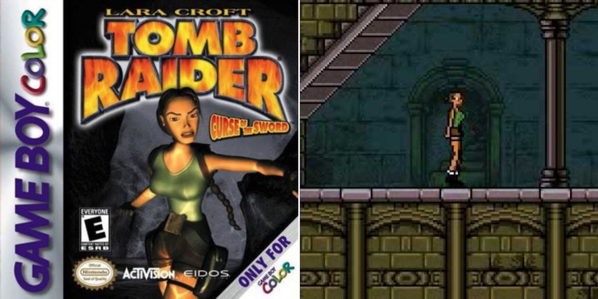 Tomb Raider: Curse Of The Sword Cover Art For Game Boy Color And Lara Exploring A Tomb.