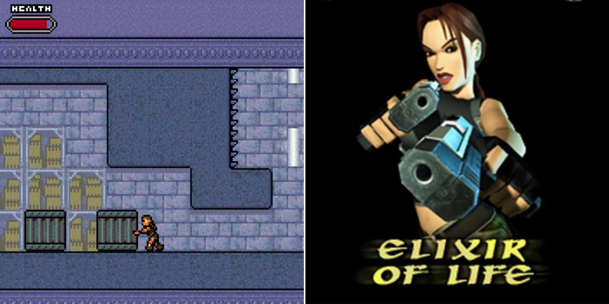 Lara moving a box In A 2D Side Scrolling View And The logo For Tomb Raider: Elixir of life