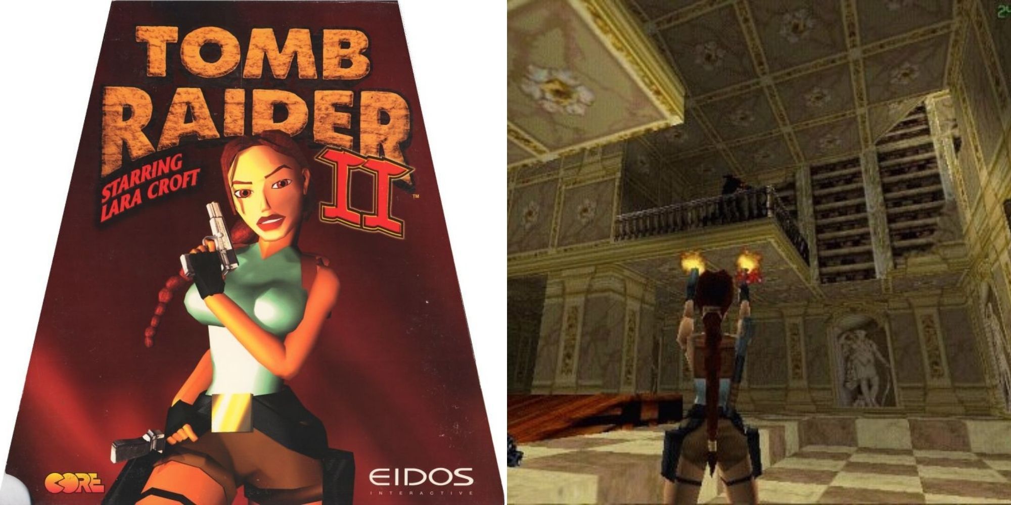 Tomb Raider II - Cover art and Lara Croft in a tomb shooting up at an enemy