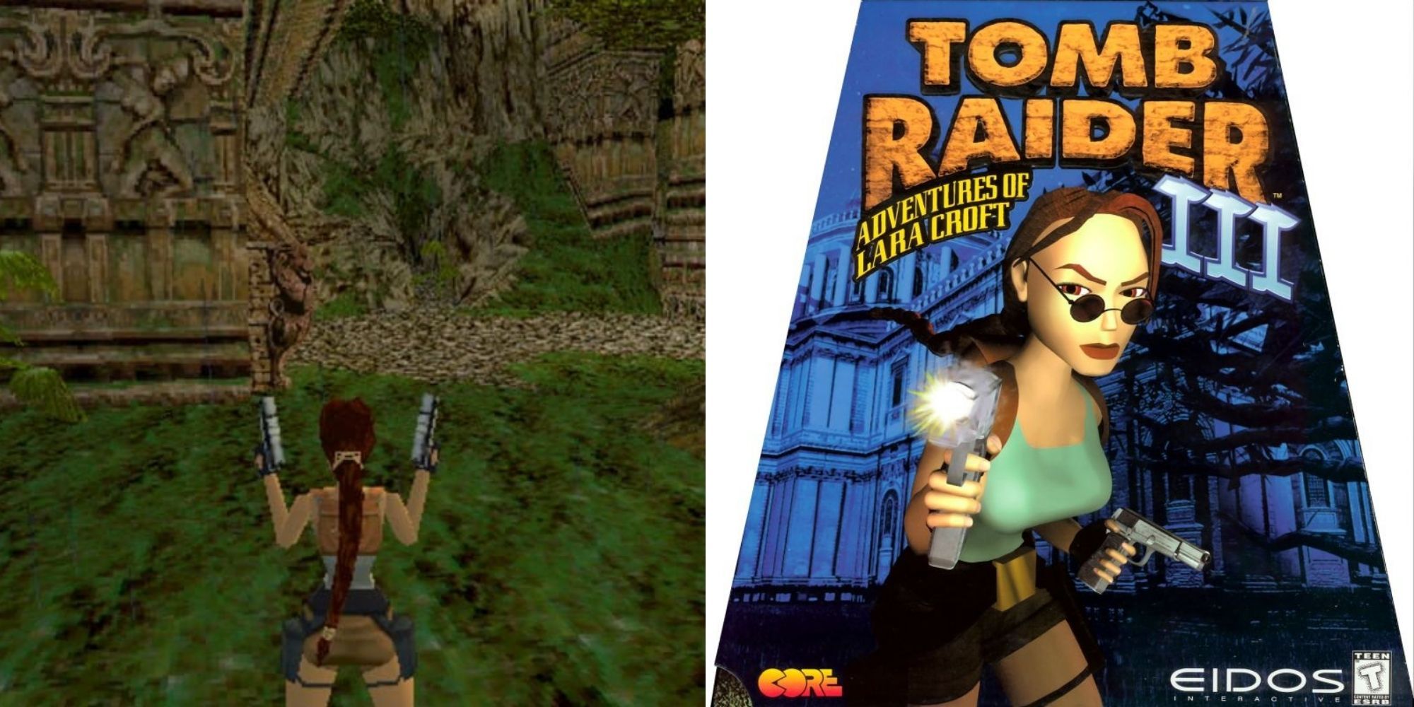 Lara Croft exploring some ruins and the cover art for Tomb Raider III