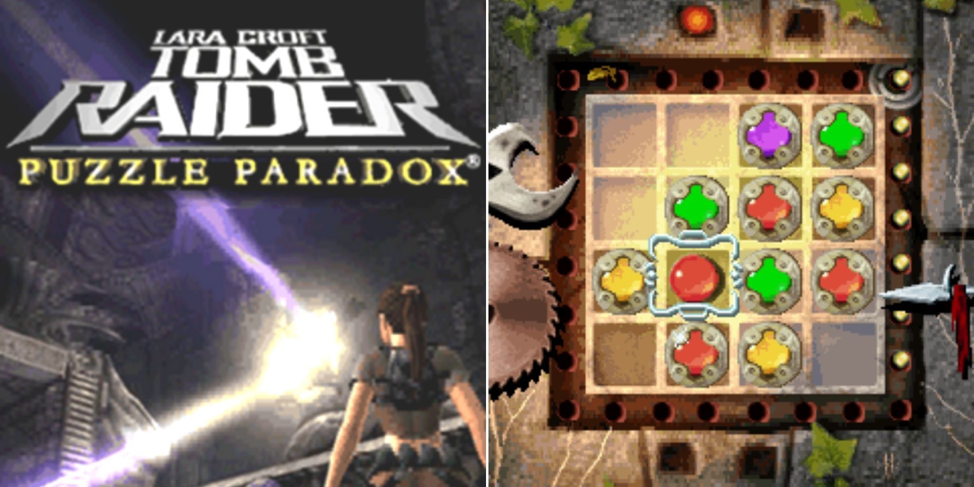Tomb Raider: Puzzle Paradox Cover Art  and one of the puzzles in the game That Involves Matching Colors On A Grid