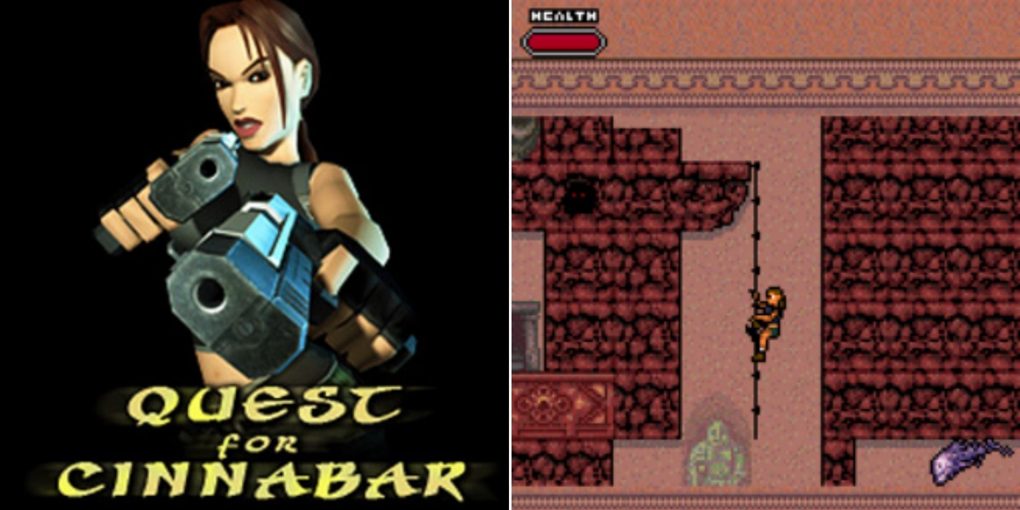 The Logo For Tomb Raider: Quest for Cinnabar and Lara Croft climbing a rope In A 2D Side Scrolling Game