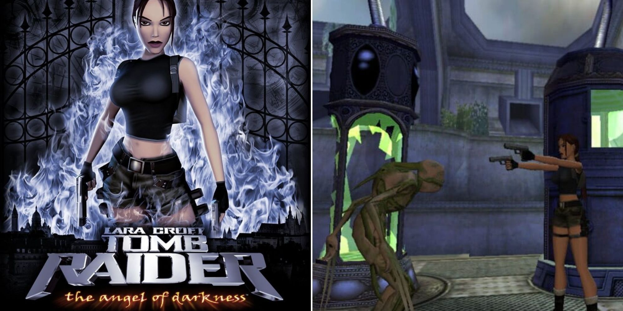Tomb Raider: The Angel Of Darkness Cover Art and Lara fighting a monster breaking out of a chamber