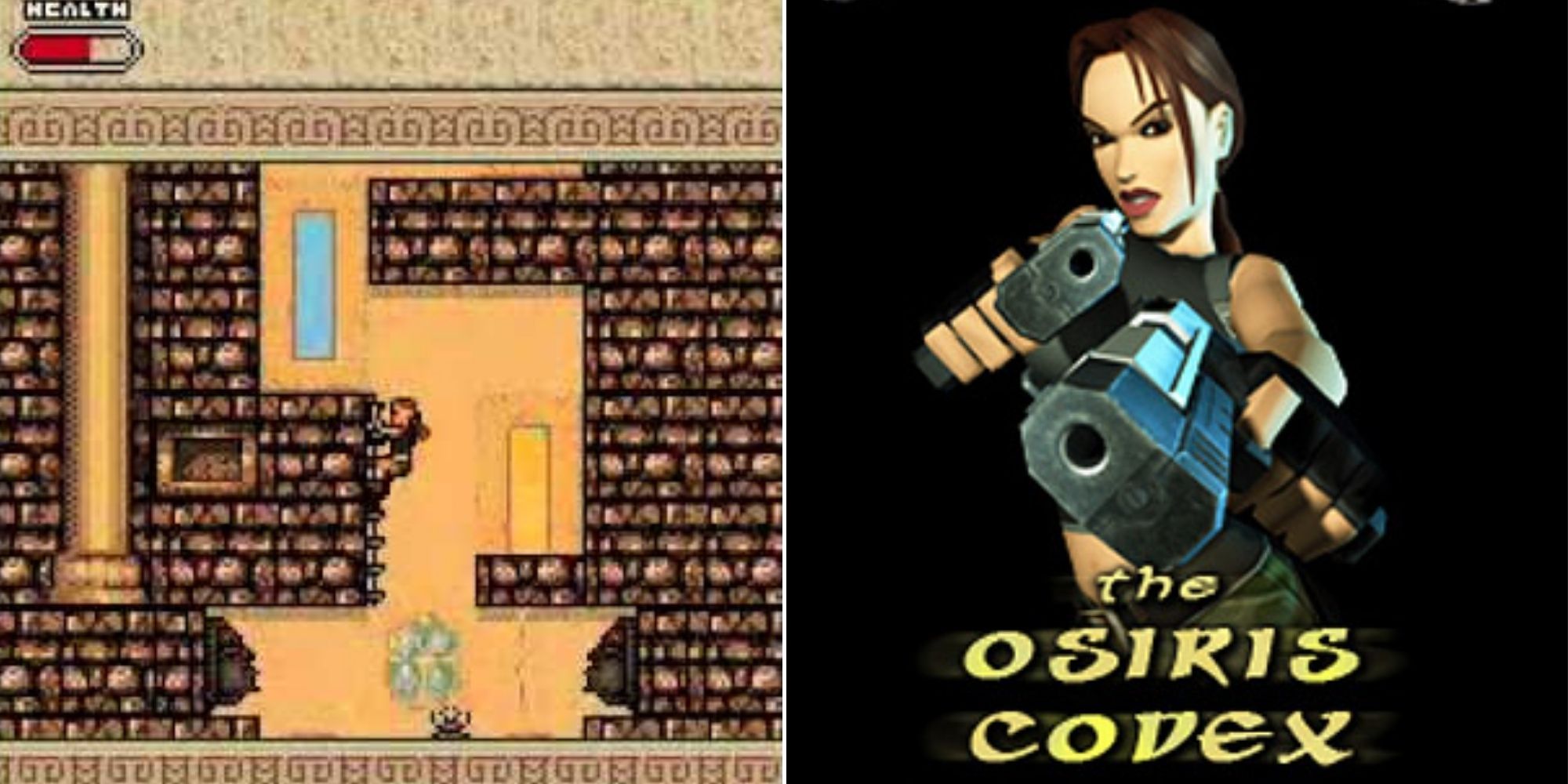 Lara Croft climbing a wall and the Logo for Tomb Raider: The Osiris Codex