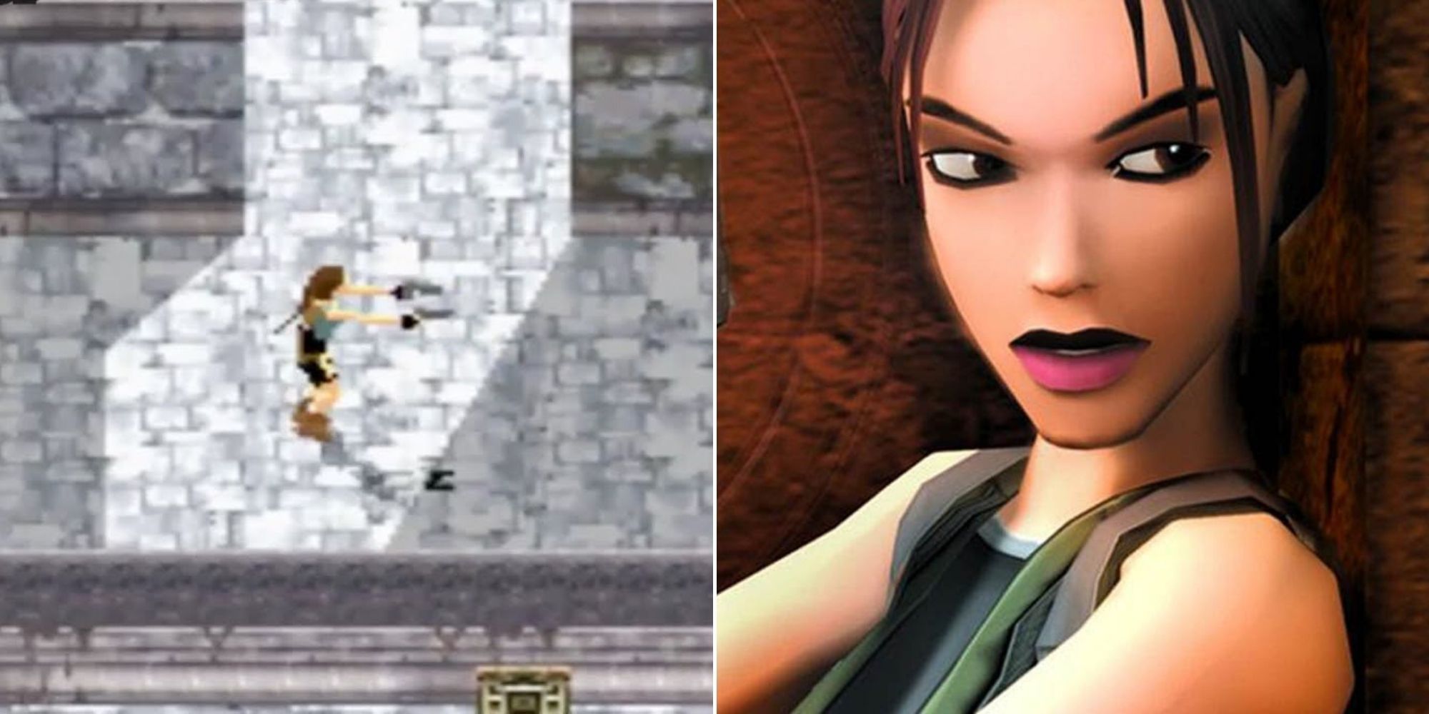  Lara Croft walking down a path with guns at the ready and a close up of Lara Croft in Tomb Raider: The Prophesy