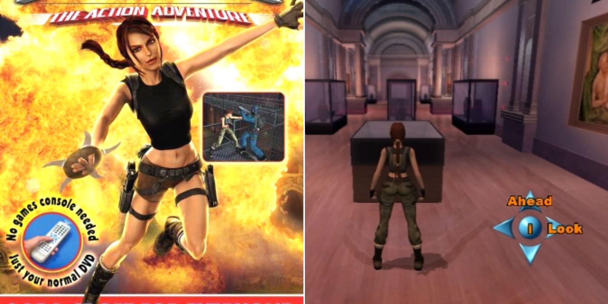 Tomb Raider: The Action Adventure Cover Art and Lara Croft in a gallery with options on the screen to control her actions