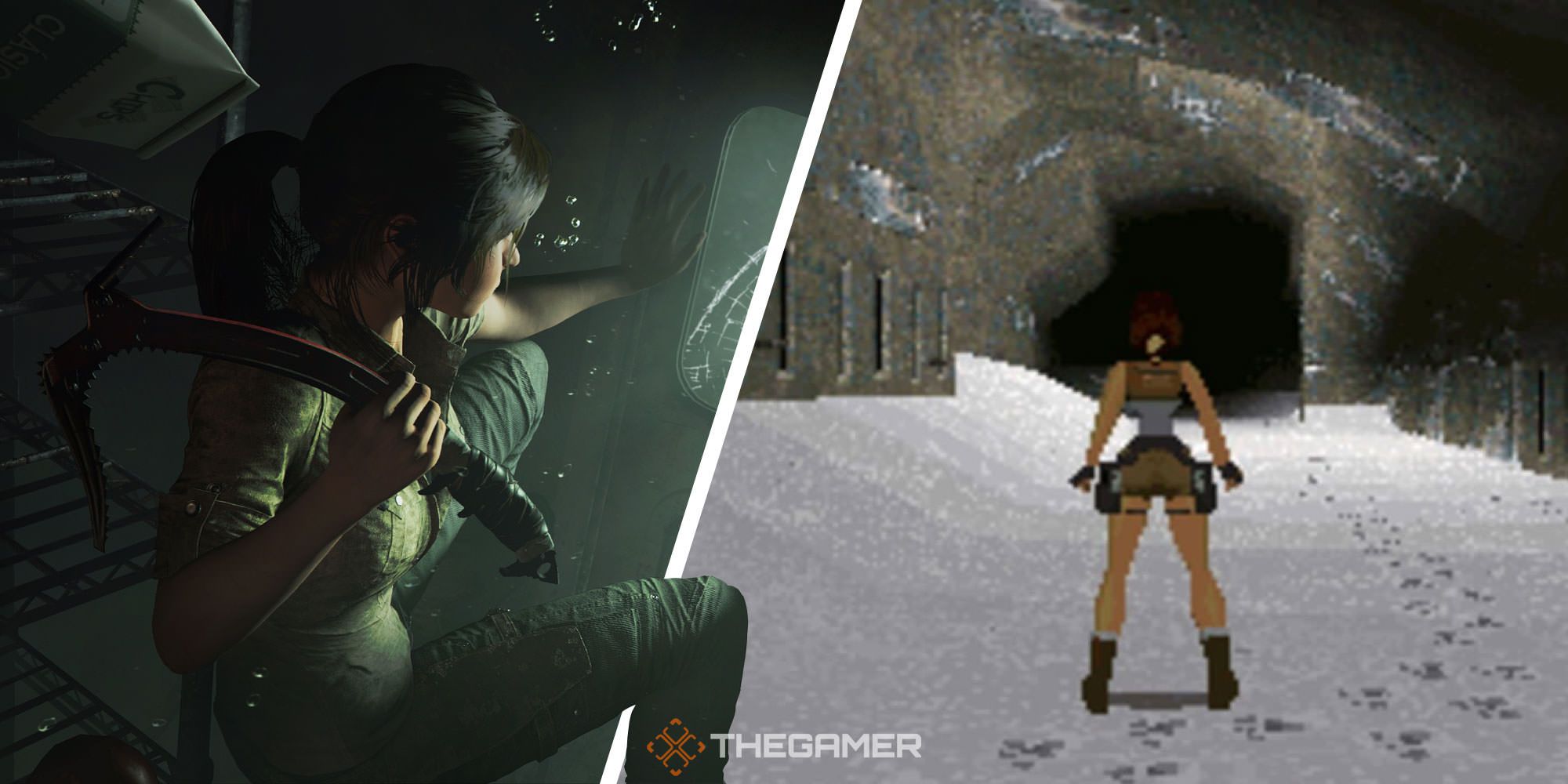 Split image of Lara Croft from 1996 to 2018