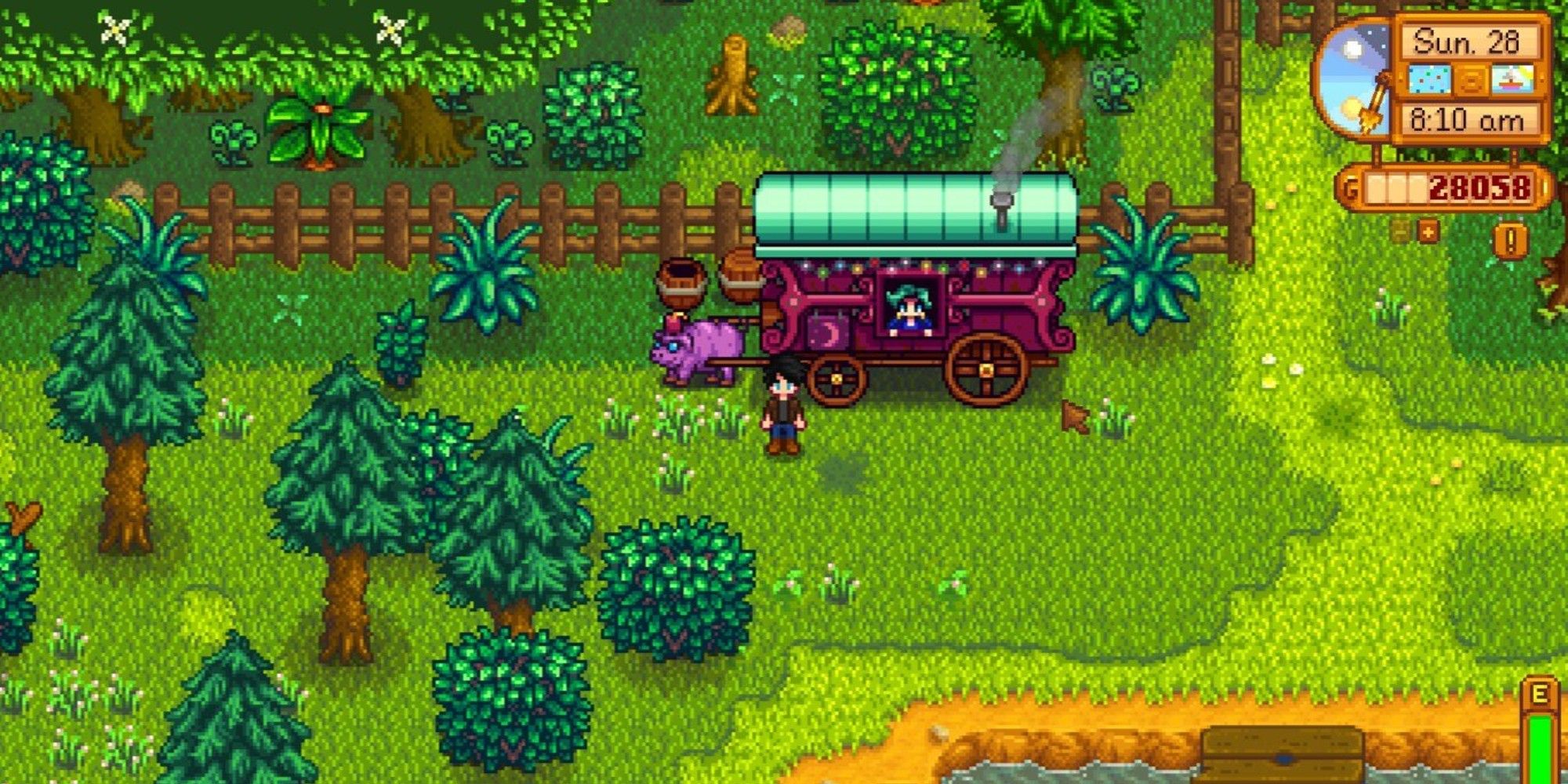 player standing next to traveling merchant cart