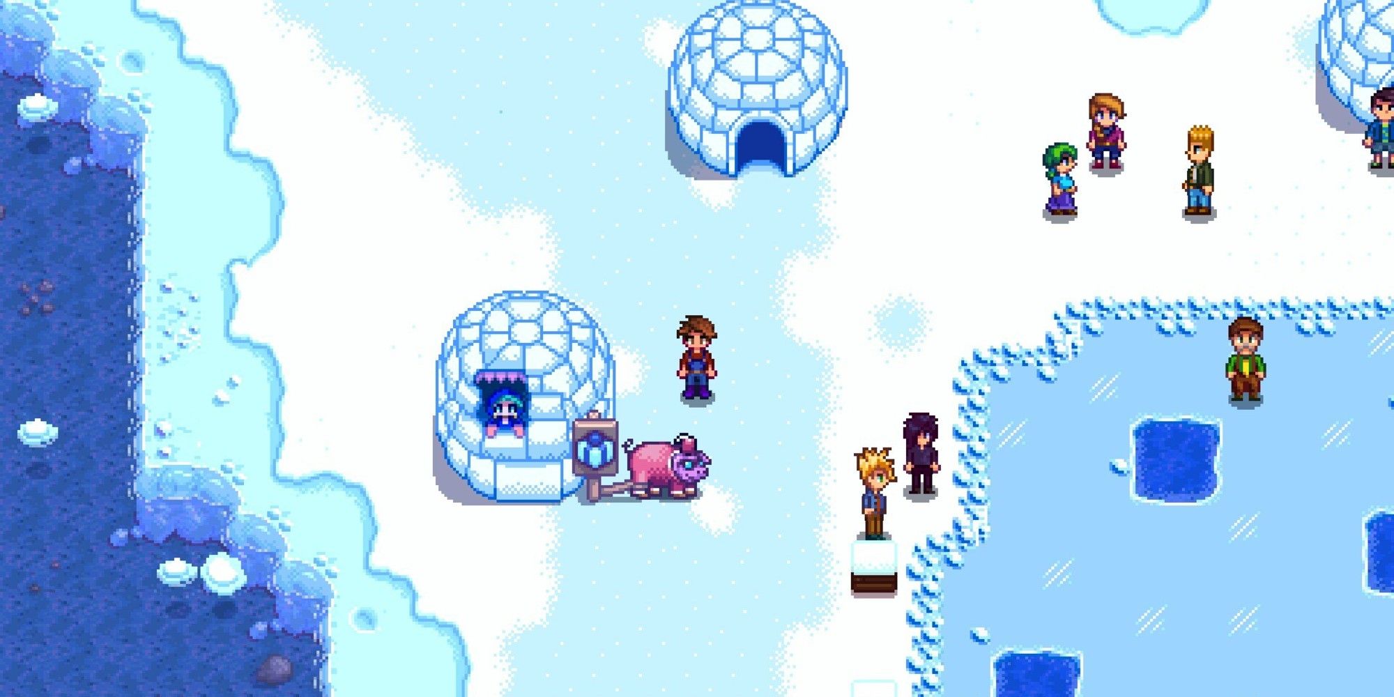 player standing next to traveling merchant at the festival of ice