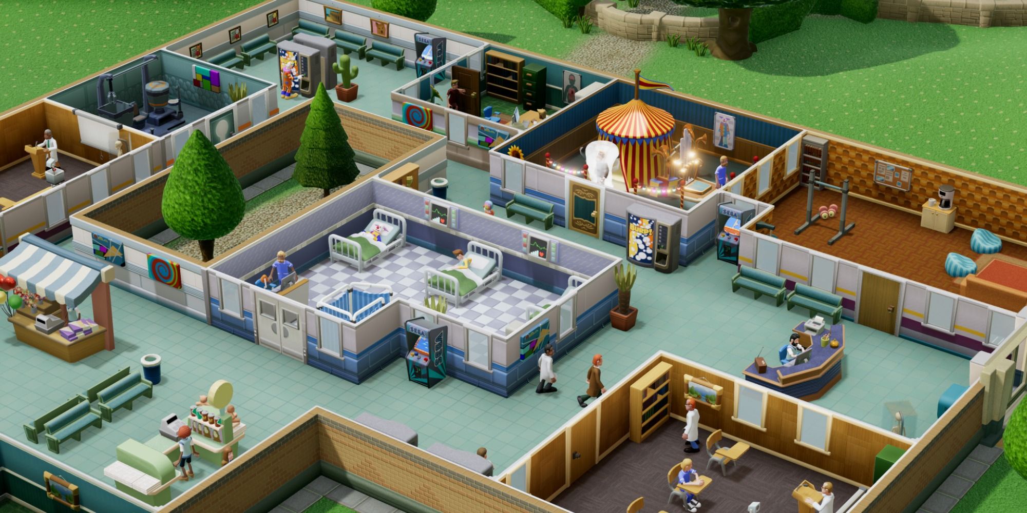 Two Point Hospital various rooms, staff and patiens