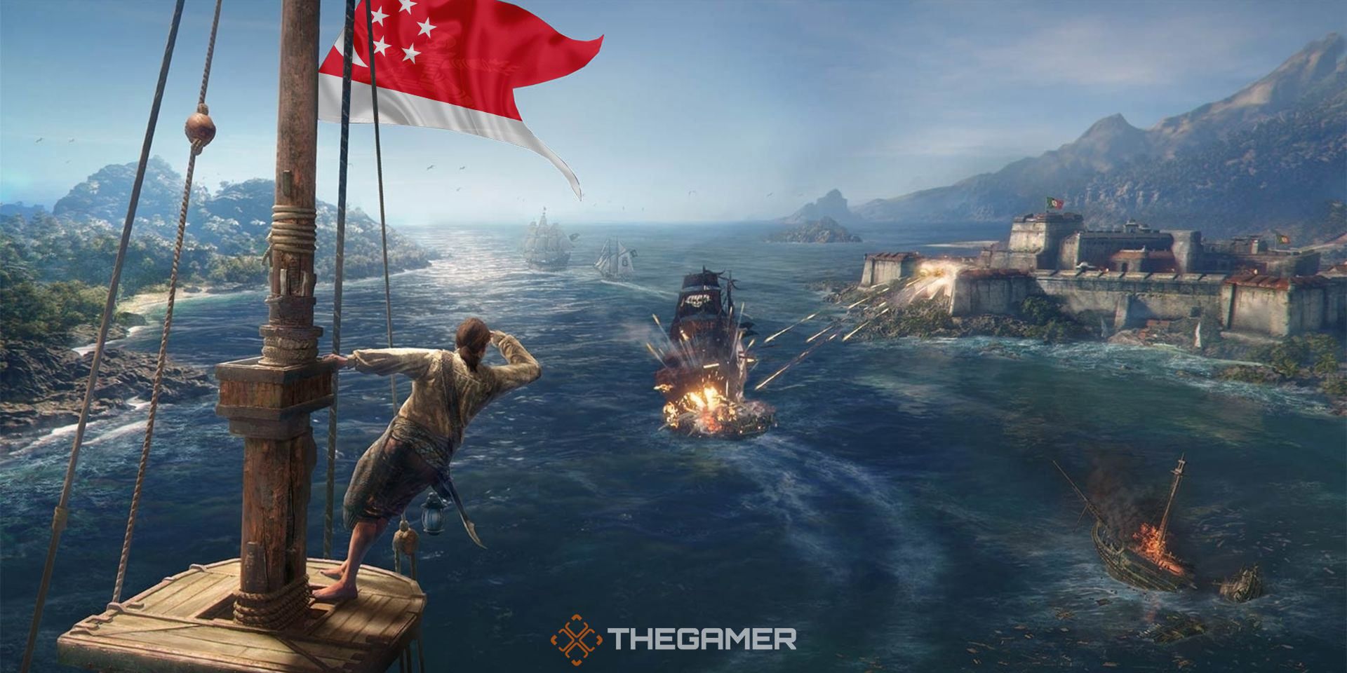 A pirate on a ship mast with a singapore flag watches as a ship gets attacked by a fort