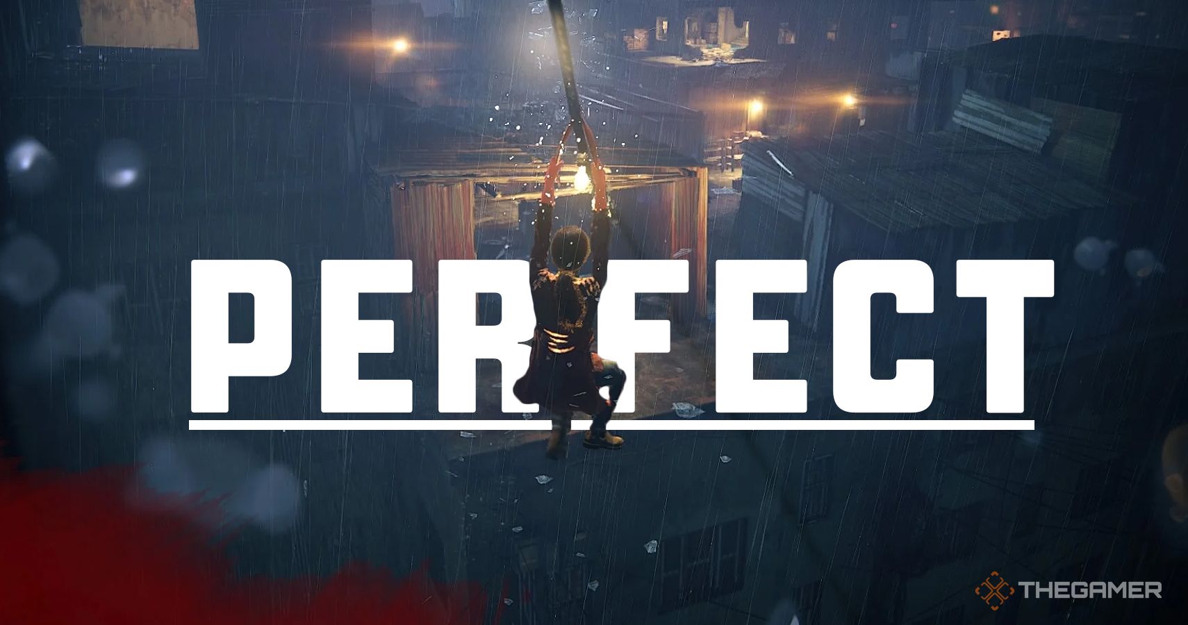 chloe frazer going down a zipline at night in the rain with the word perfect superimposed on the image