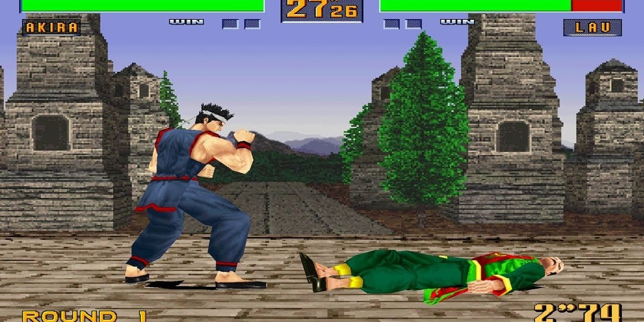 A screenshot from Virtua Fighter 2 on the Saturn, showing Akira and Lau battling