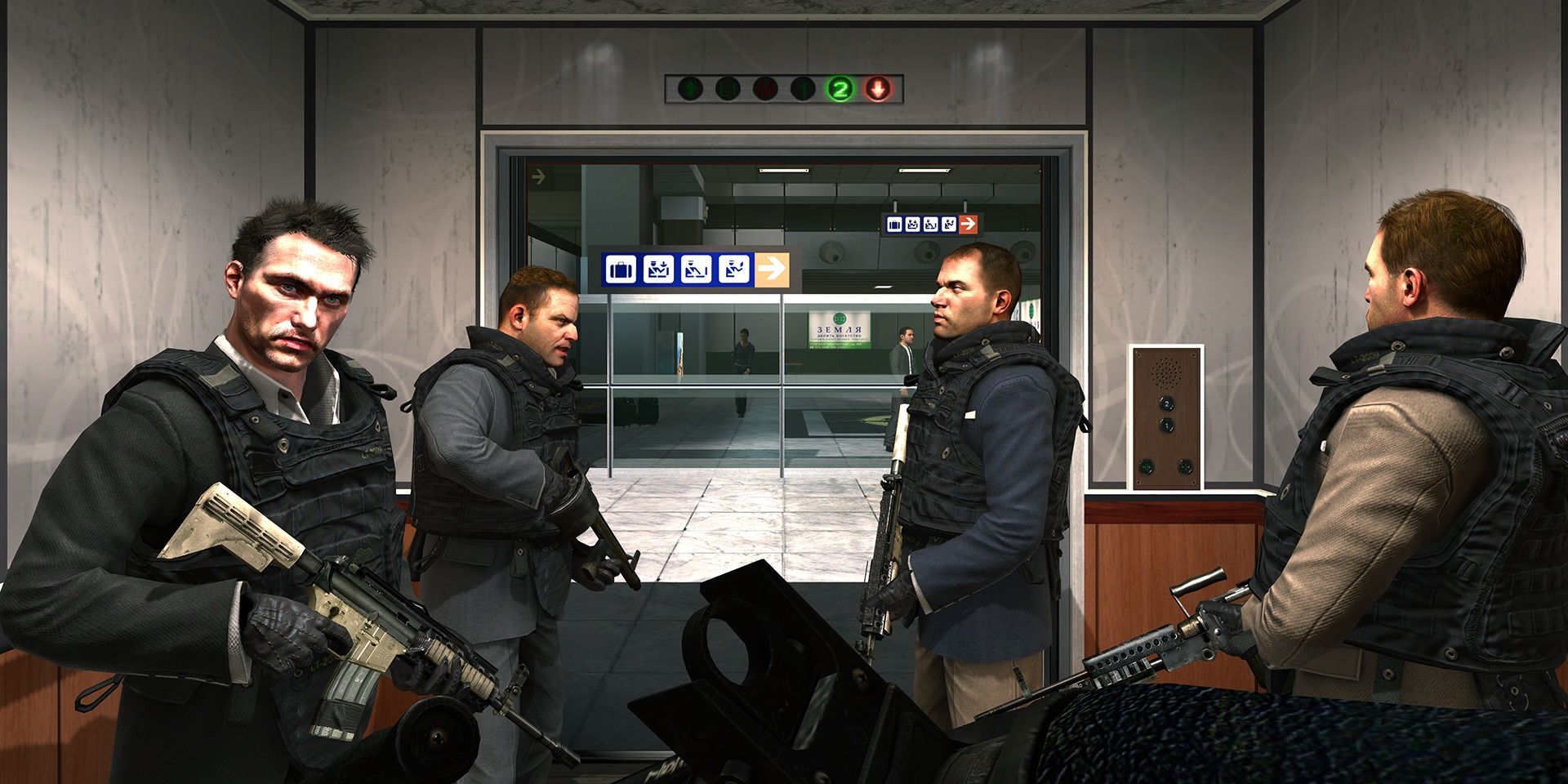 Call Of Duty Modern Warfare 2 Screenshot Of No Russian Mission With Makarov and Crew In Elevator