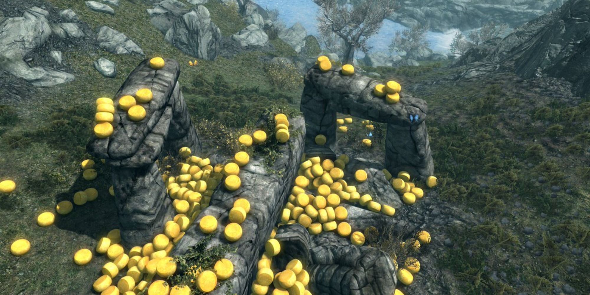 Many rolls of cheese lying around a terrain in Skyrim