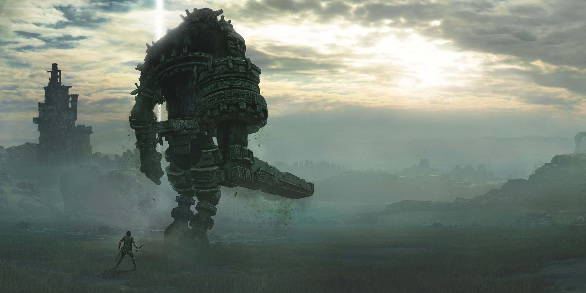 Wander Eyeing Up One Of The Colossi In The Remake Of Shadow Of The Colossus