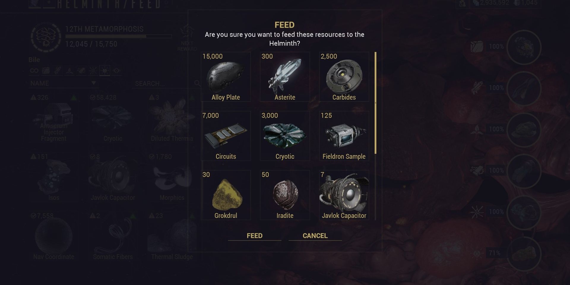 Warframe Helminth Feed Confirm Prompt