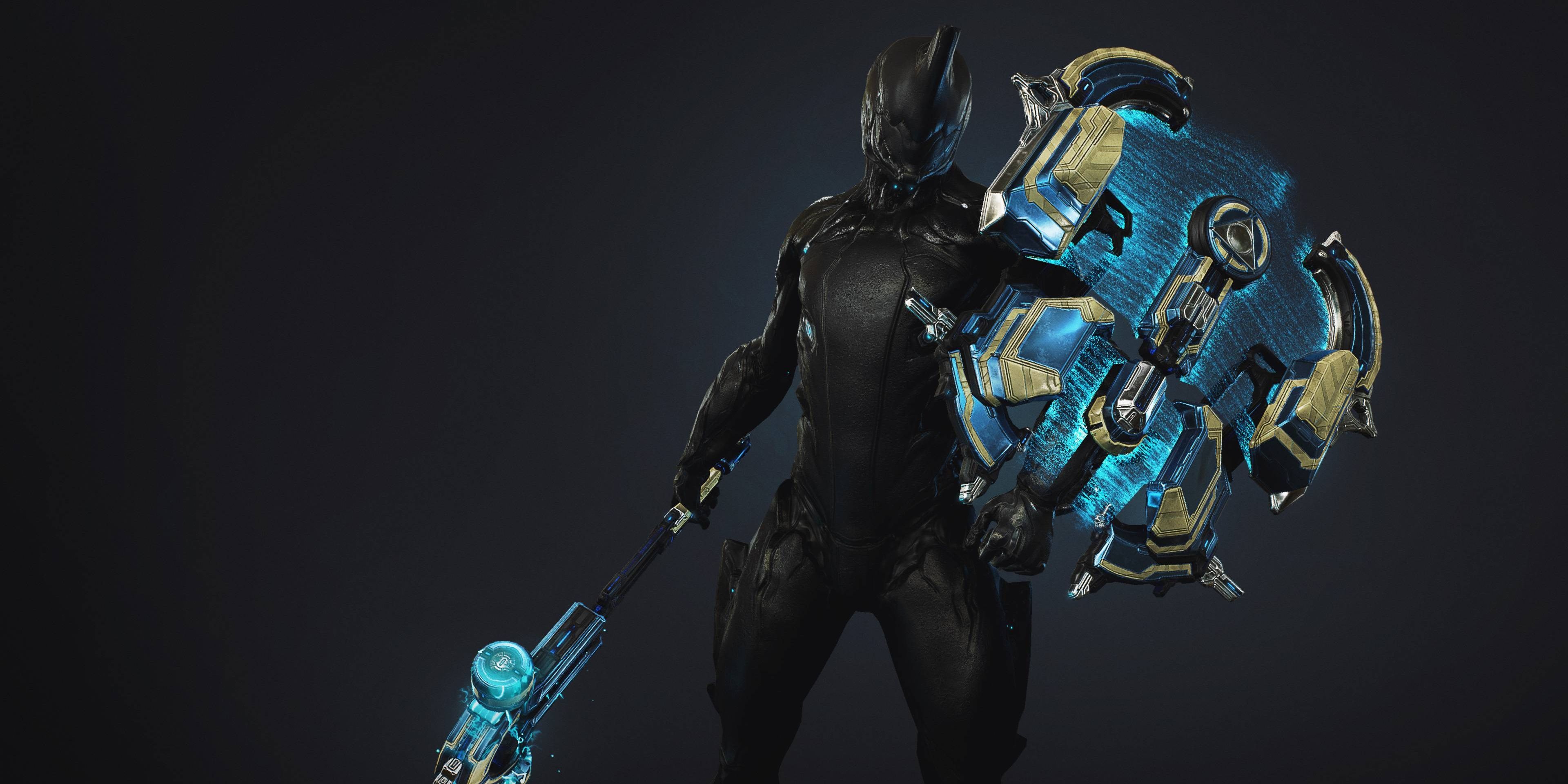 Warframe's Tenet holding Agendus in action pose