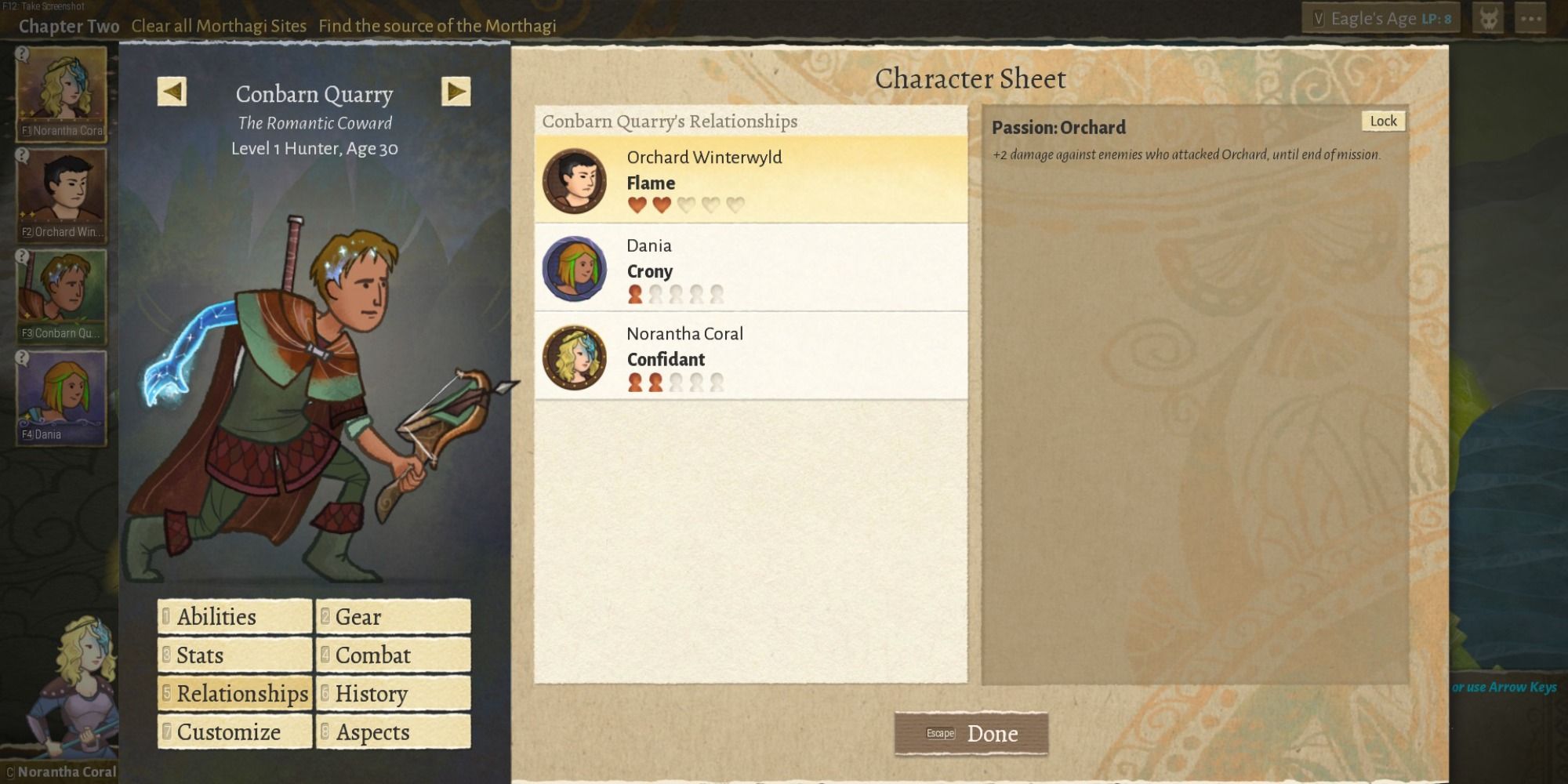 Wildermyth Relationships screen with a romance and two friends